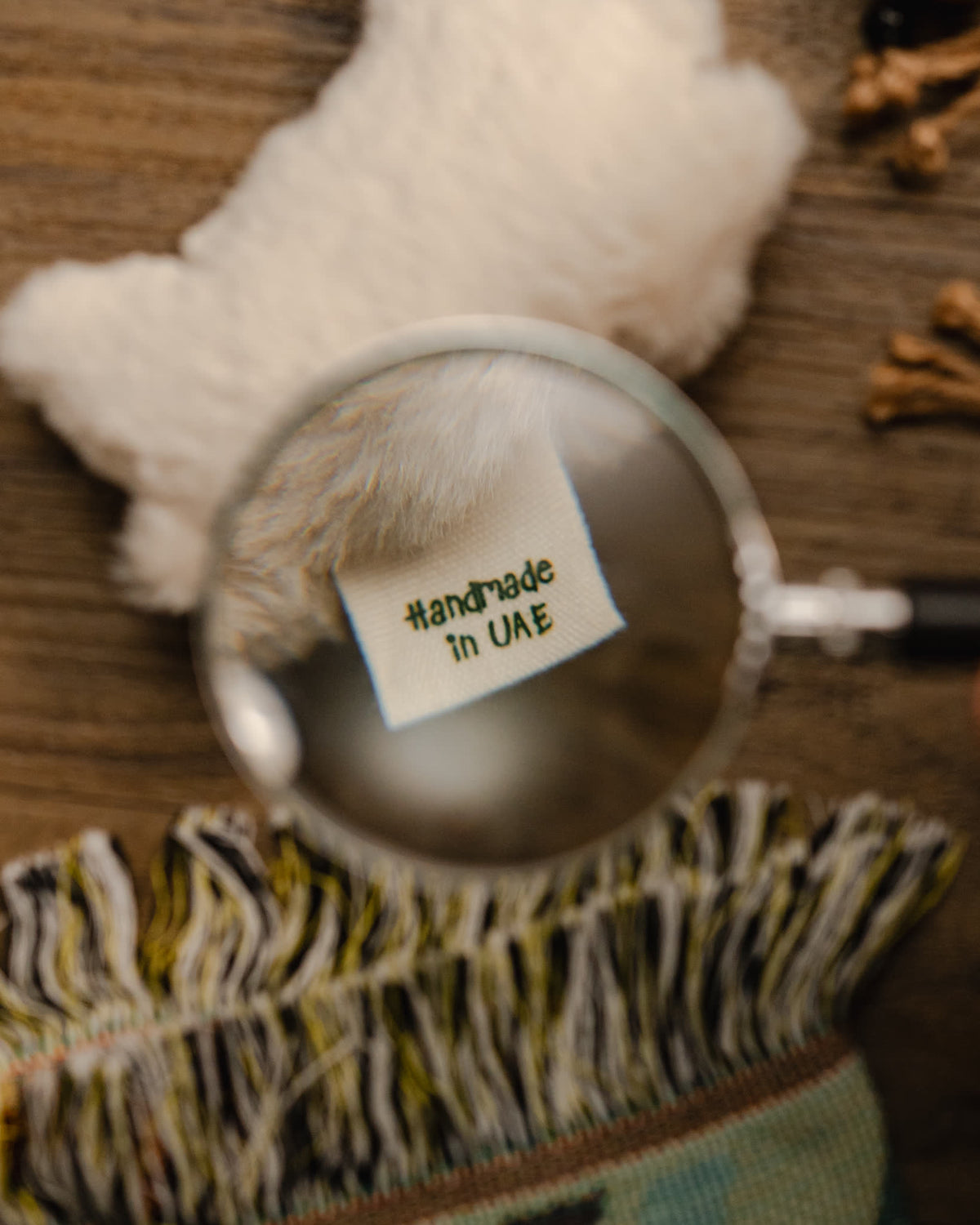 Magnified view of the Handmade in UAE label embroidered inside the Kicker cat toy