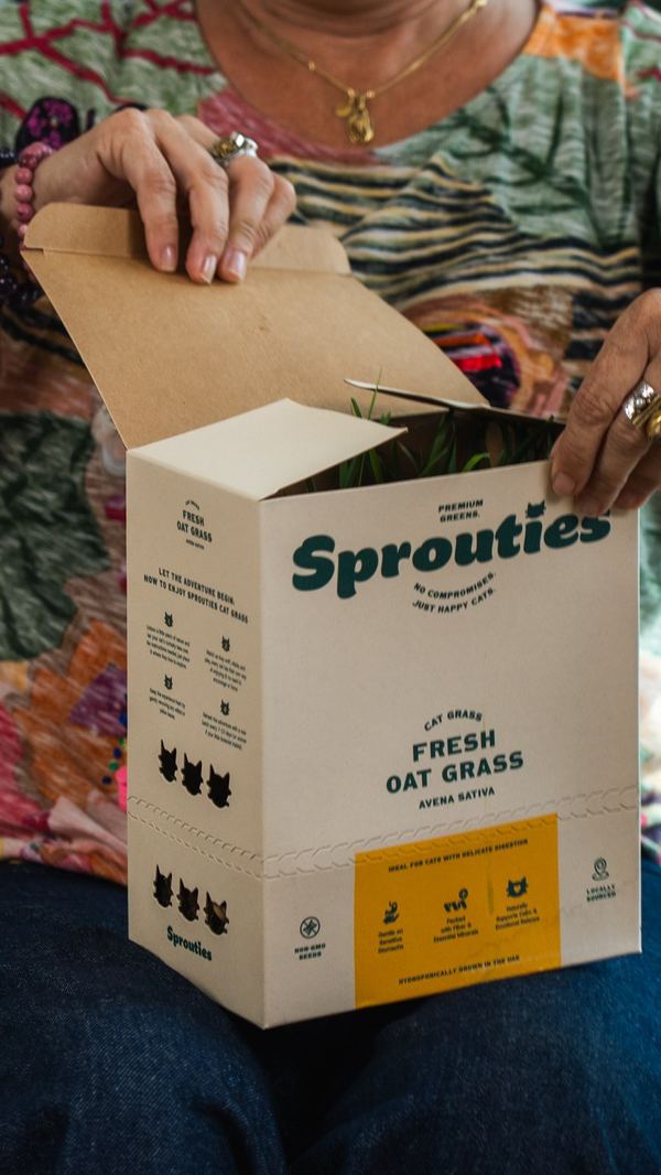 A person opens a Sprouties fresh oat grass box.